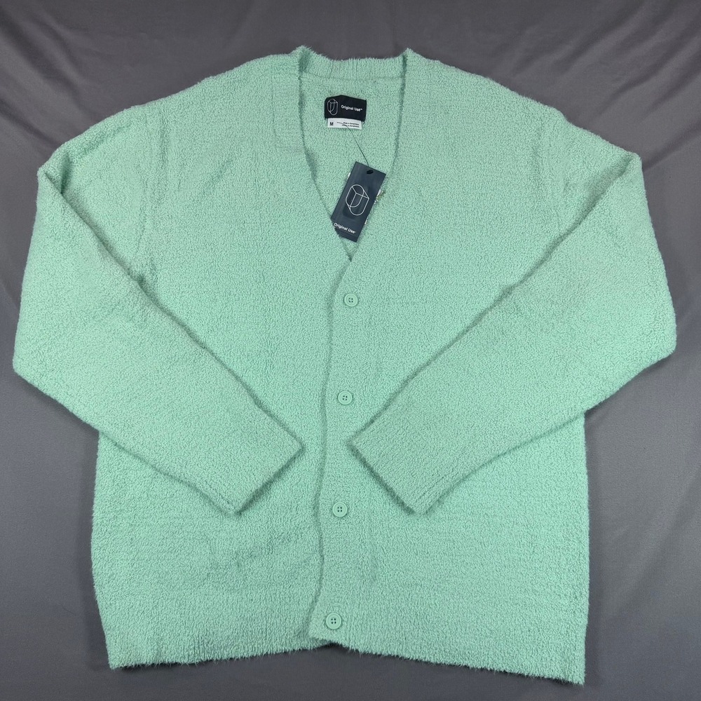 Original Use Mens M Mint Green Nylon LS Cardigan Sweater Open Neck Button Front
